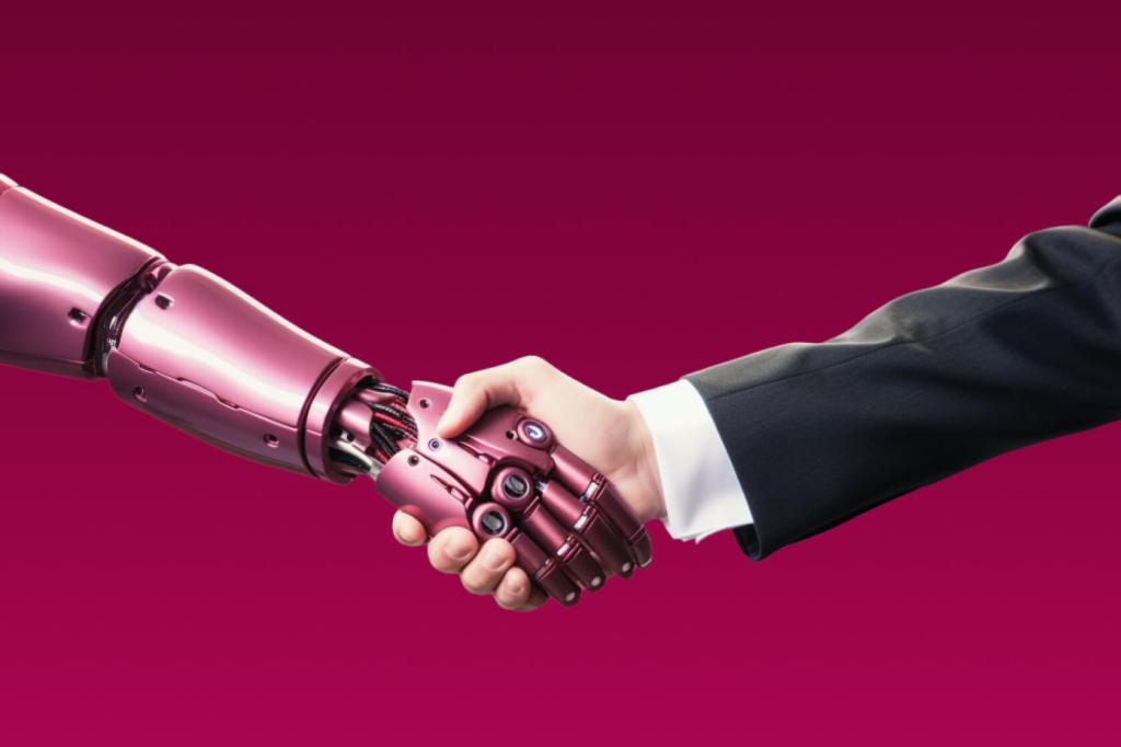 A red robot arm shaking hands with the arm of a man in a suit