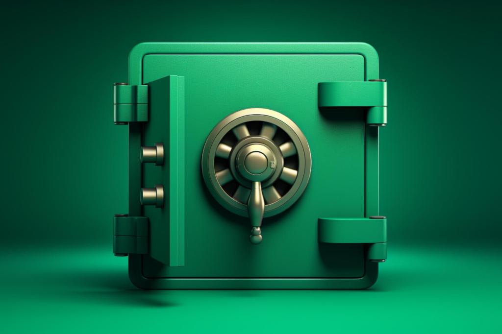 A big green safe with a gold lock