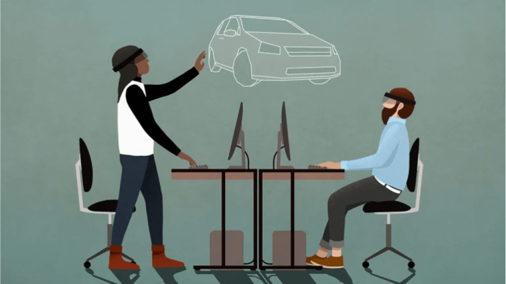 Illustration of two people in front of computers wearing VR headsets. One is sitting, the other is standing reaching up towards a virtual car.