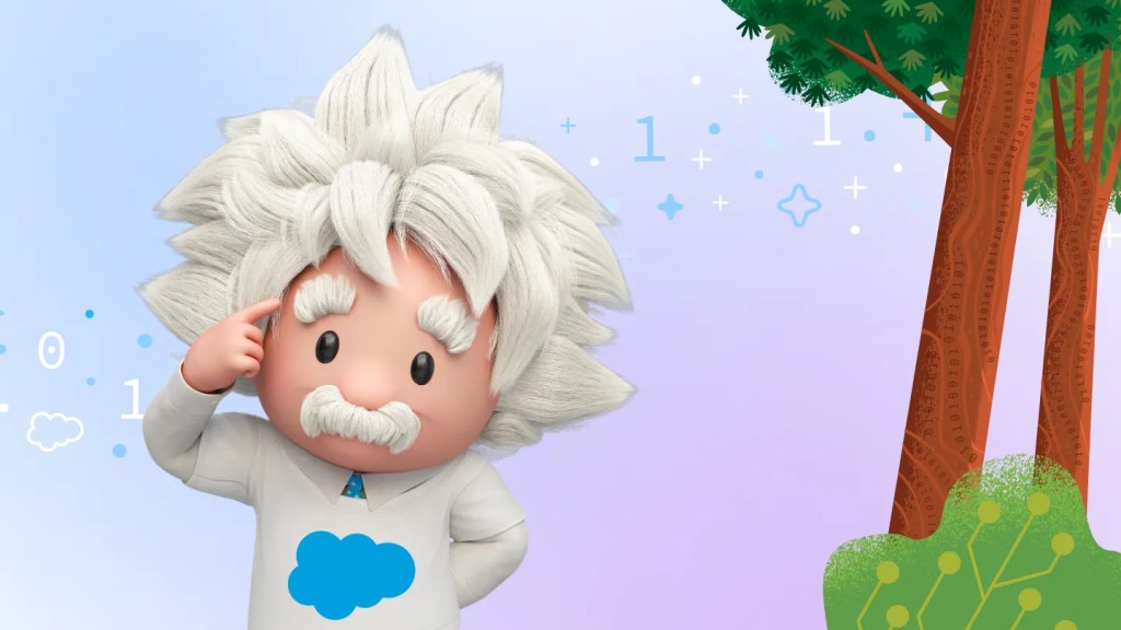 Salesforce character Einstein tapping his index finger against his temple next to a stand of trees and bushes.