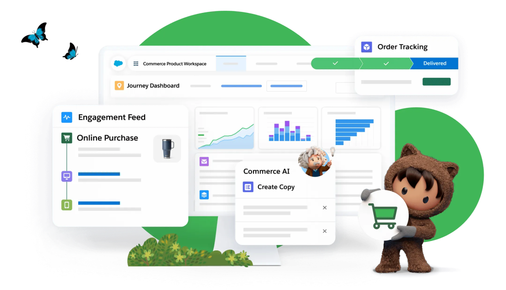 Commerce Product Workspace screen with Order Tracking window popping out. A smaller pop-out featuring our illustrated Einstein character and an Engagement Feed pop-out are featured.
