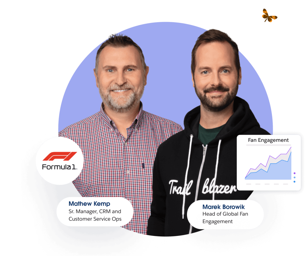 Salesforce Data Cloud customers from Formula 1: Matthew Kemp (Sr. Manager of CRM and Customer Service Ops); Marek Borowik (head of global fan engagement) with a chart graphic