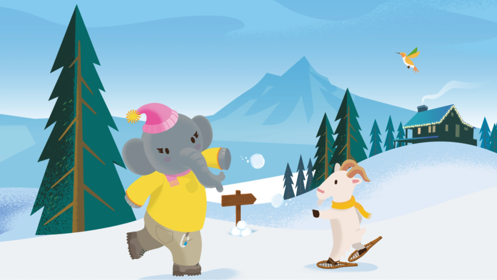 Salesforce characters Ruth the Elephant and Cloudy the Goat playing in a winter alpine setting. 