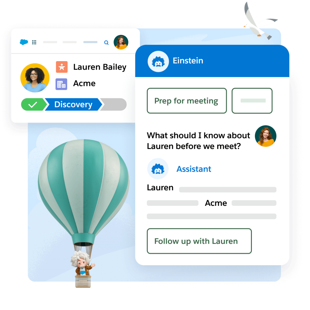 Einstein in a hot air balloon gesturing at his generated content on how to prepare for a meeting.
