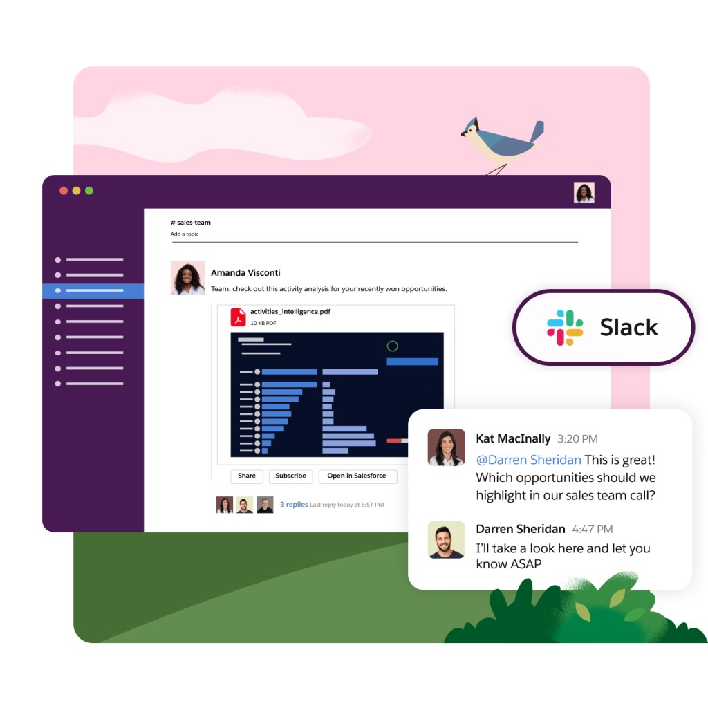 Slack channel with someone sharing a dashboard and options in Slack to Share, Subscribe, or Open in Salesforce. Plus pop out text: So glad we can review right here!
