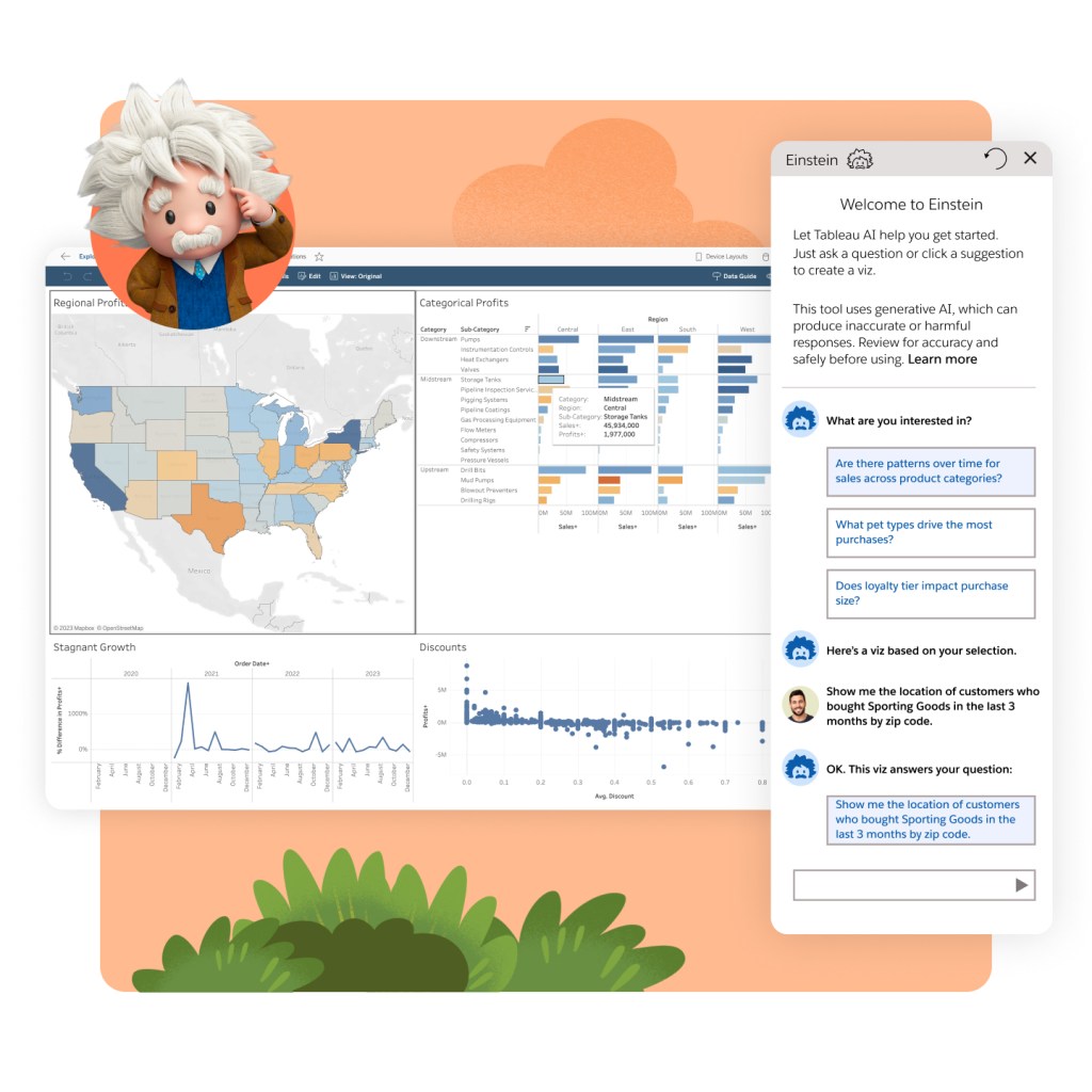 Einstein character and Tableau dashboard with Welcome to Einstein dialog box; user asking question in natural language
