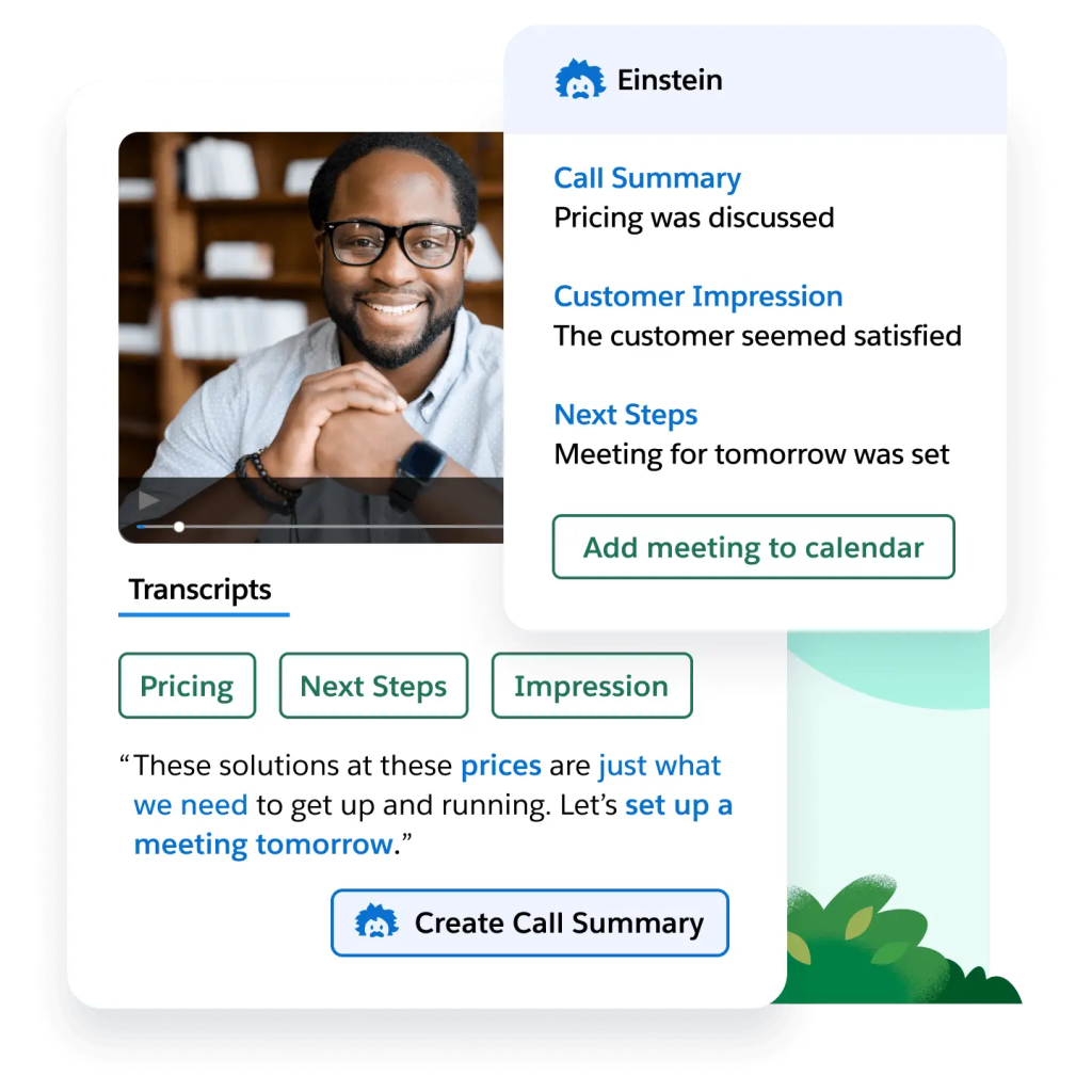 A transcript highlights insights and a window shows a summary of insights from a call with an option to addd a meeting.