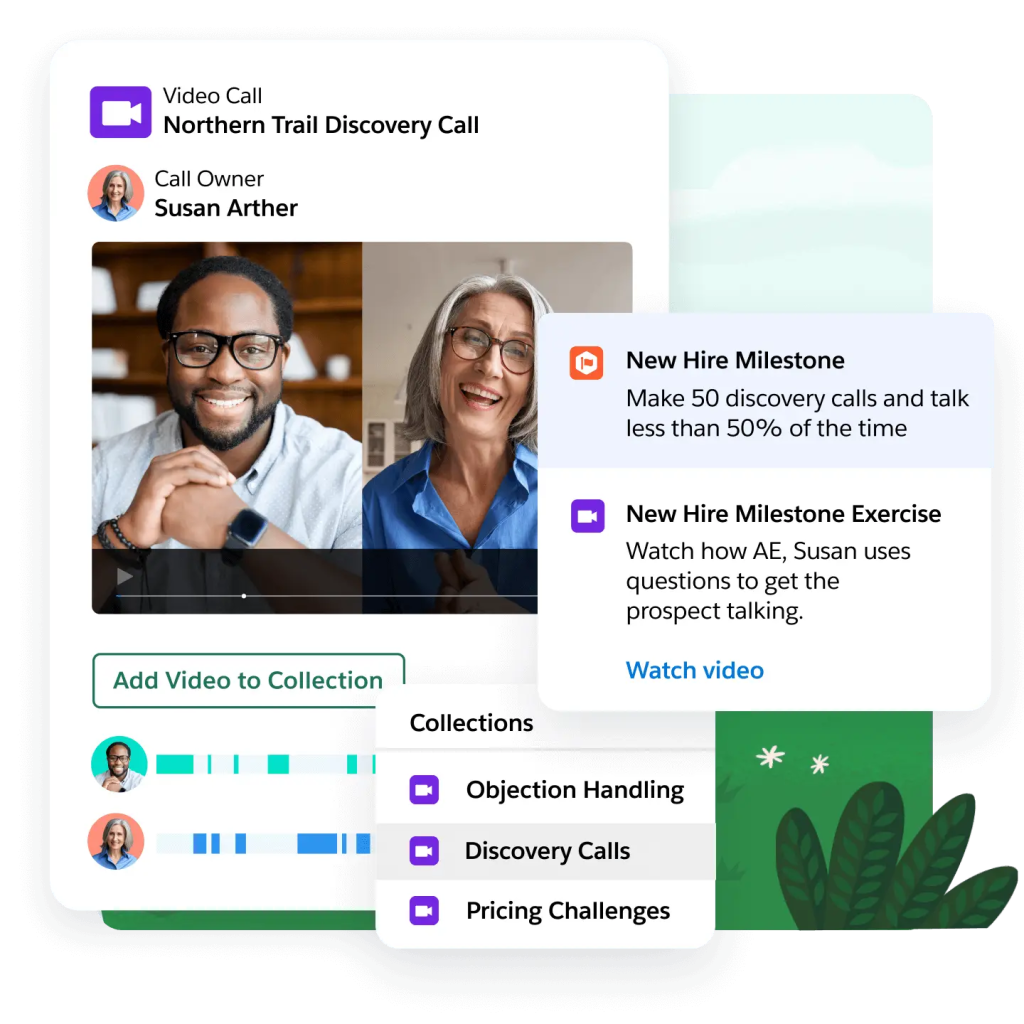 Windows show a recorded video call with highlights, new hire milestones, a training exercise, and more call collections.