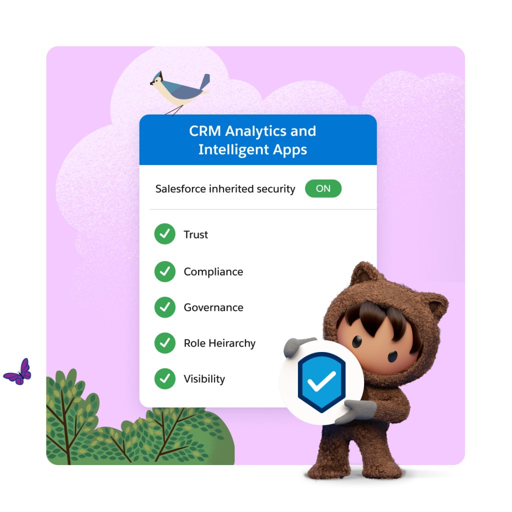 CRMA and Revenue Intelligent Industries with Salesforce inherited security turned on and progression from CRMA data to trust layer to Einstein to CRM Analytics