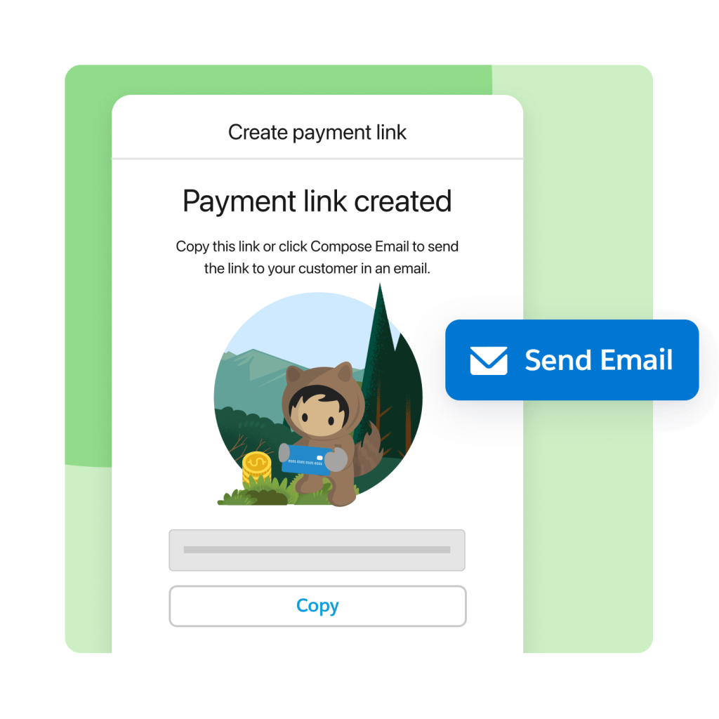 A page that says: Payment link created. Copy this link or click Compose Email to send the link to your customer in an email. Also, Astro holds a credit card and there's a large "Send Email" button on the right.