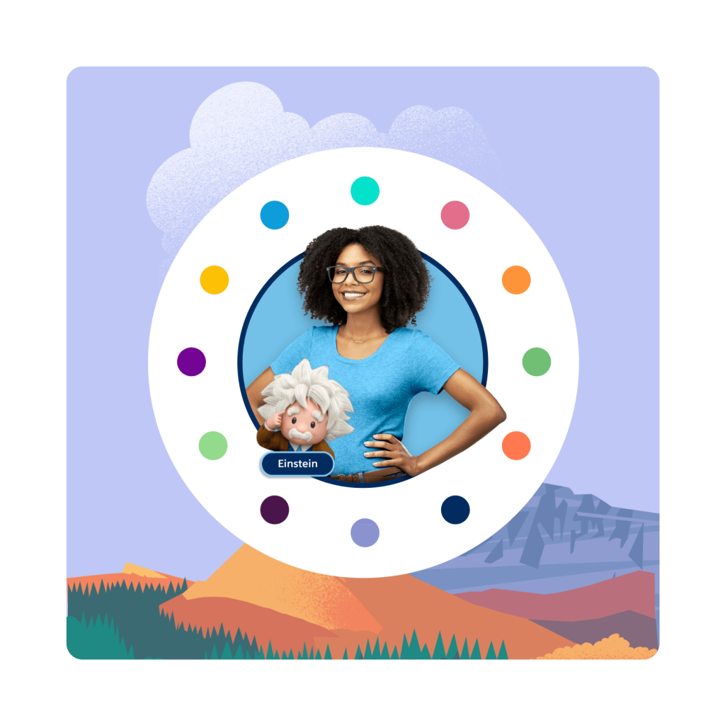 A forest with desert mountains in the background. In front is a woman in a circle of dots that depict each cloud in the Salesforce platform with the Einstein character.
