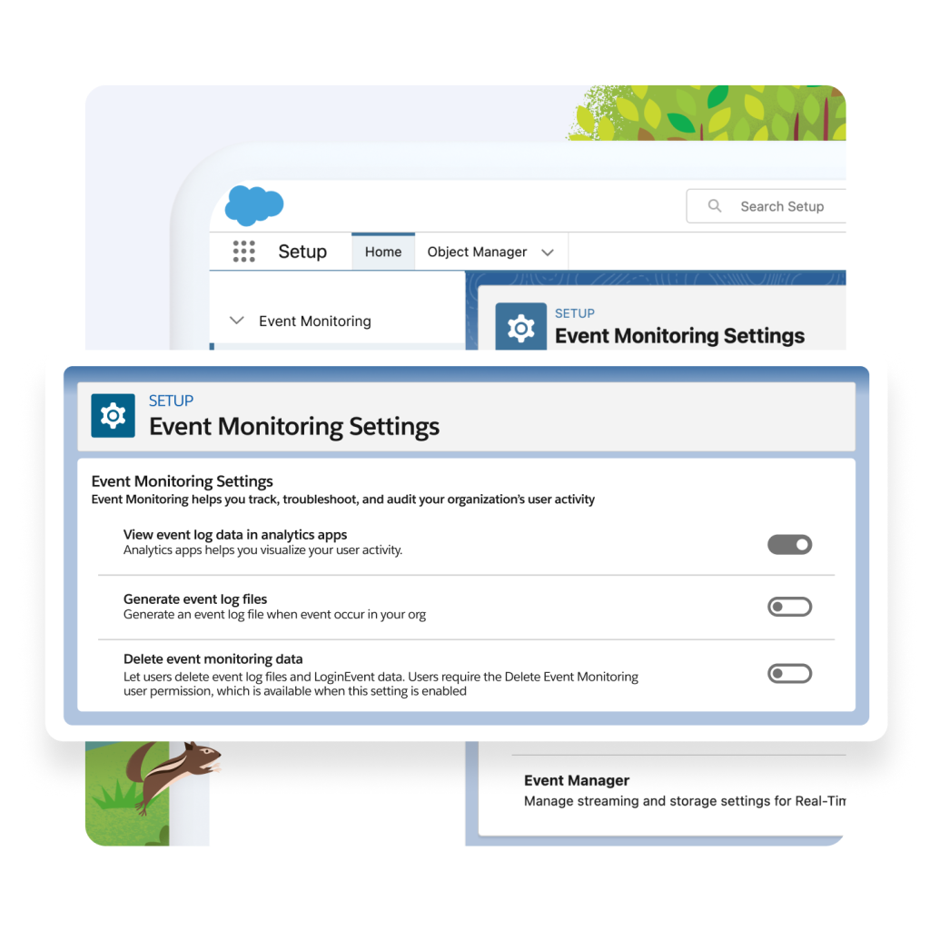 The Event Monitoring Setting setup window. "View event log data in analytics apps" is selected. A chipmunk and a tree in the background. 