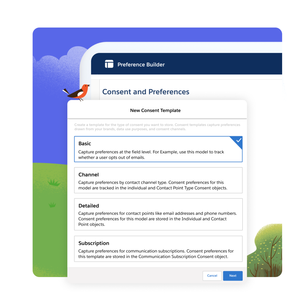The Consent and Preferences page open with a New Consent Template open. Several trees, a hill, and perched bird in the background. 