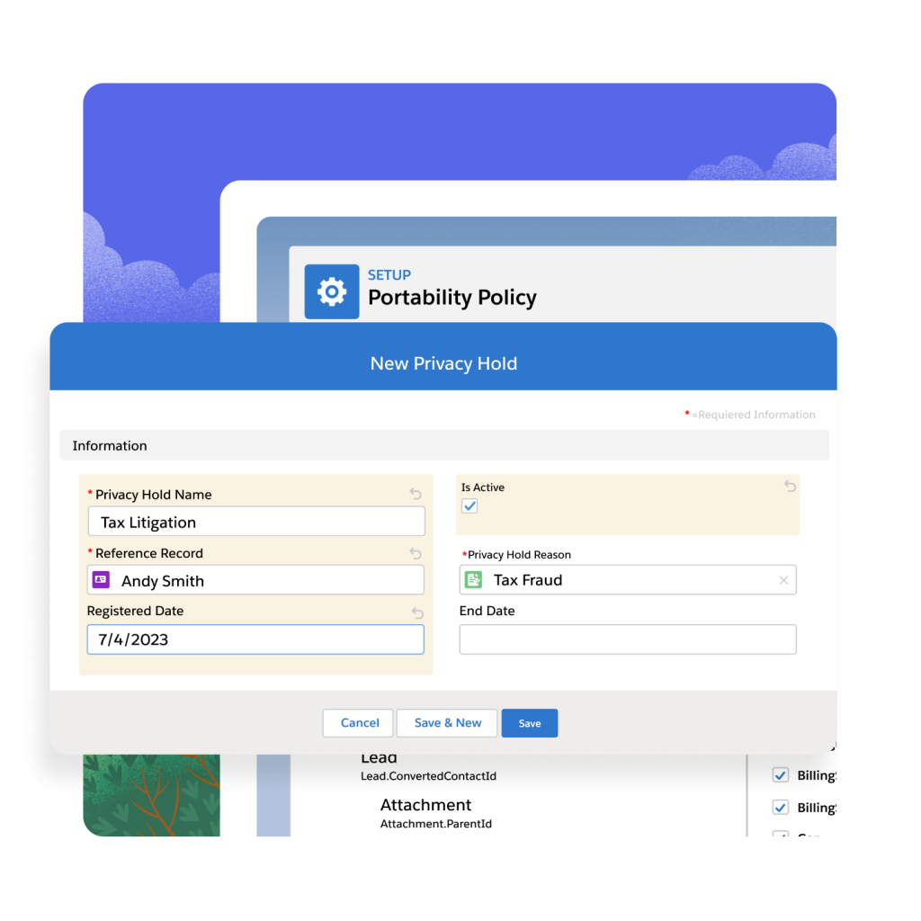 The Portability Policy setup page with a "New Privacy Hold" window open. A bush and blue skies in the background. 