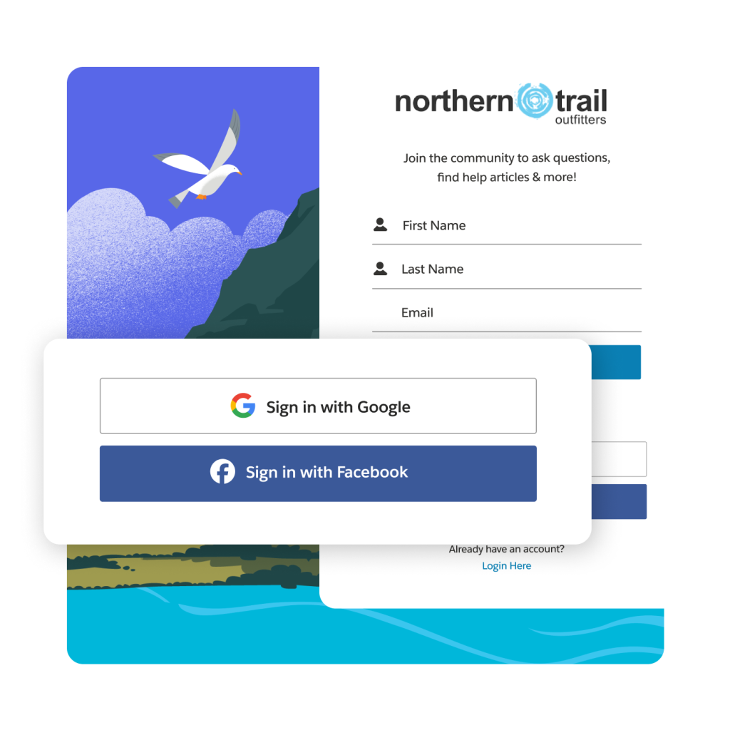 A Northern Trail sign in page with Facebook and Google sign in options highlighted. A coast line with bushes, sand, bluffs, and a seagull overhead. 
