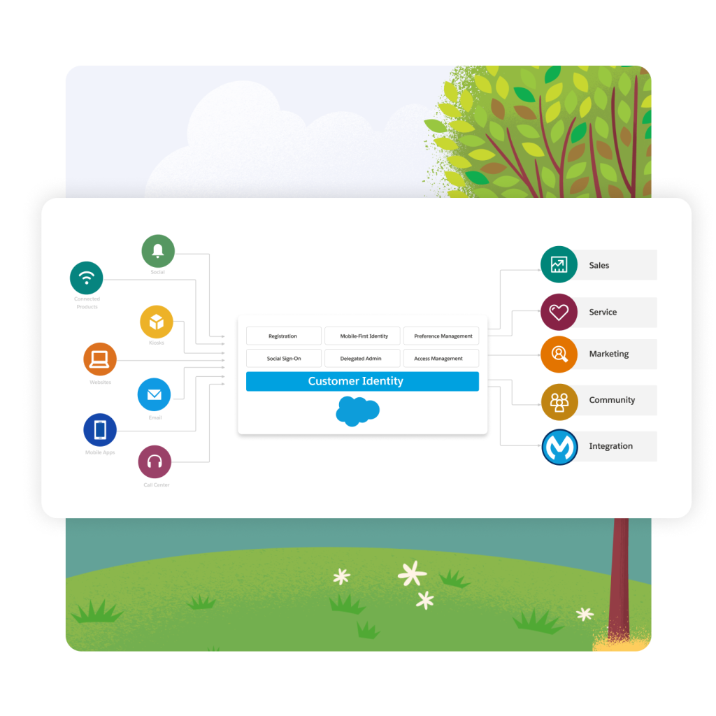 Arrows showing all the things that go in to Salesforce customer identity (Social, connected products, kiosks, websites, email, mobile apps, call centers) with arrows pointing to Sales, Service, Marketing, Community, and Integration. A tall tree on a hill in the background.