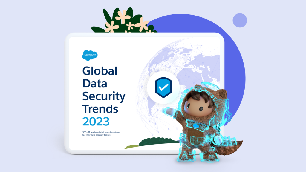 The Global Data Security Trends 2023 page with Astro wearing blue armor and pointing at the security logo. 