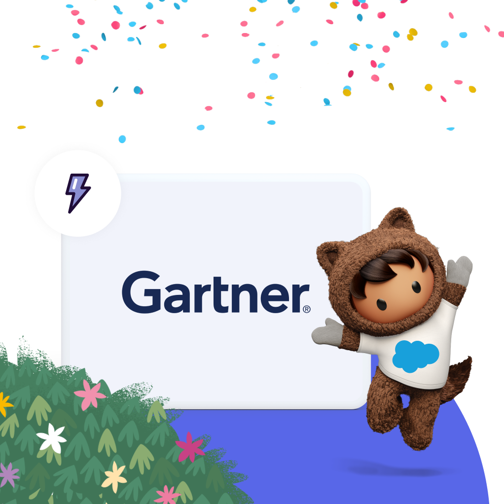 Astro wearing a Salesforce t-shirt, standing in front of the Gartner logo, jumping in celebration. Confetti overhead. A bush with flowers in the foreground.