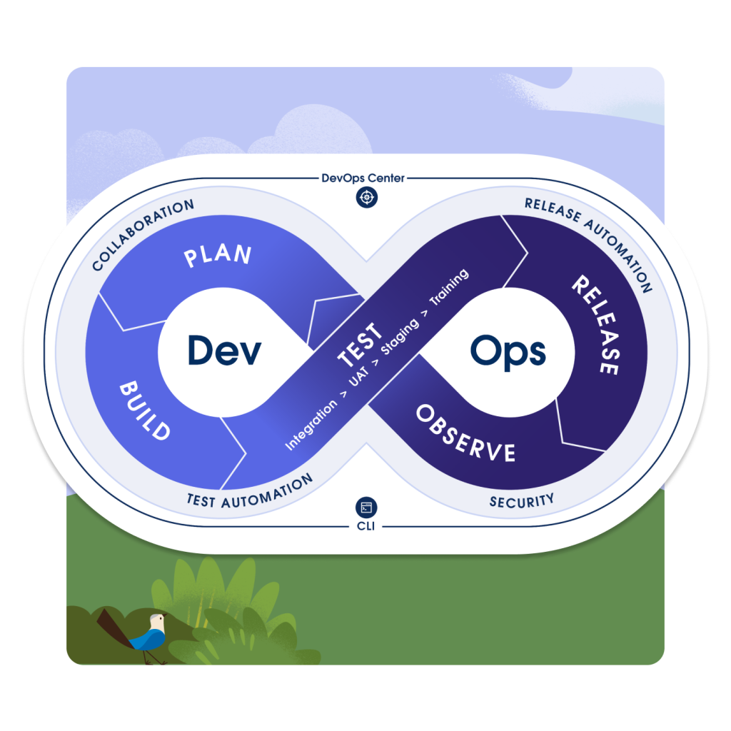 An infinity loop labeleed DevOps, with "Plan, Build, Test, Release, Observe" on the loop. A bluejay standing in front of bushes in the foreground. 