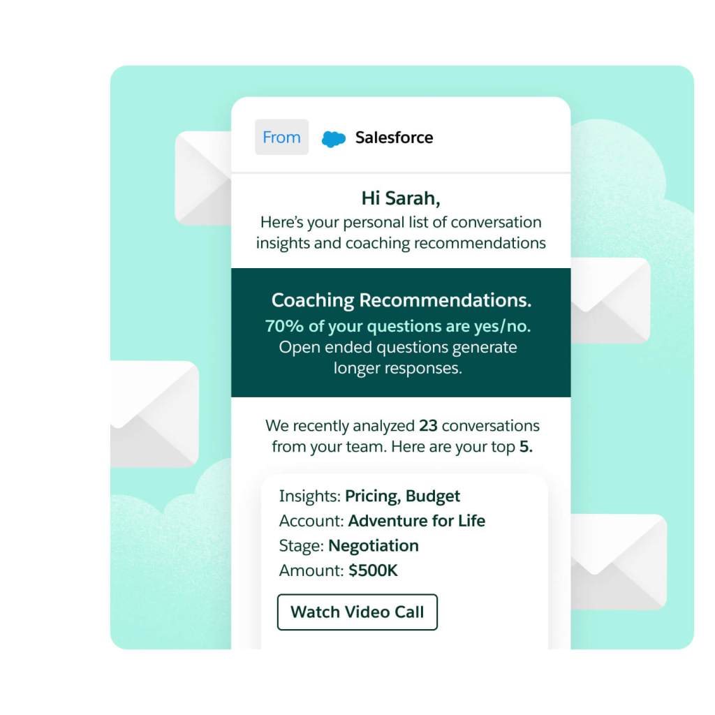 A window shows a Salesforce email with a list of conversation insights, coaching recommendations, and a watch call button. 