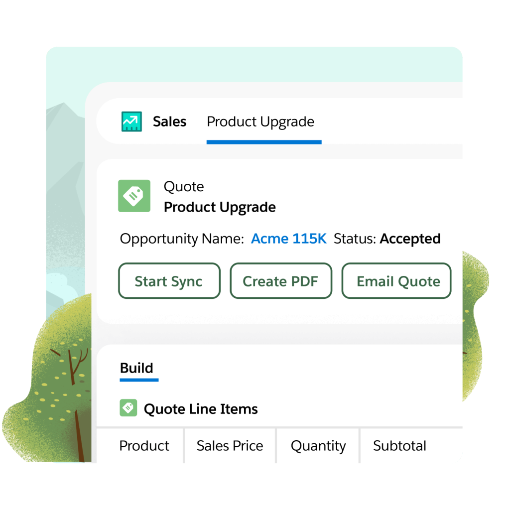 A tab shows an opportunity's product upgrade, status, buttons to start sync, create pdf, email quote, and quote line items. 