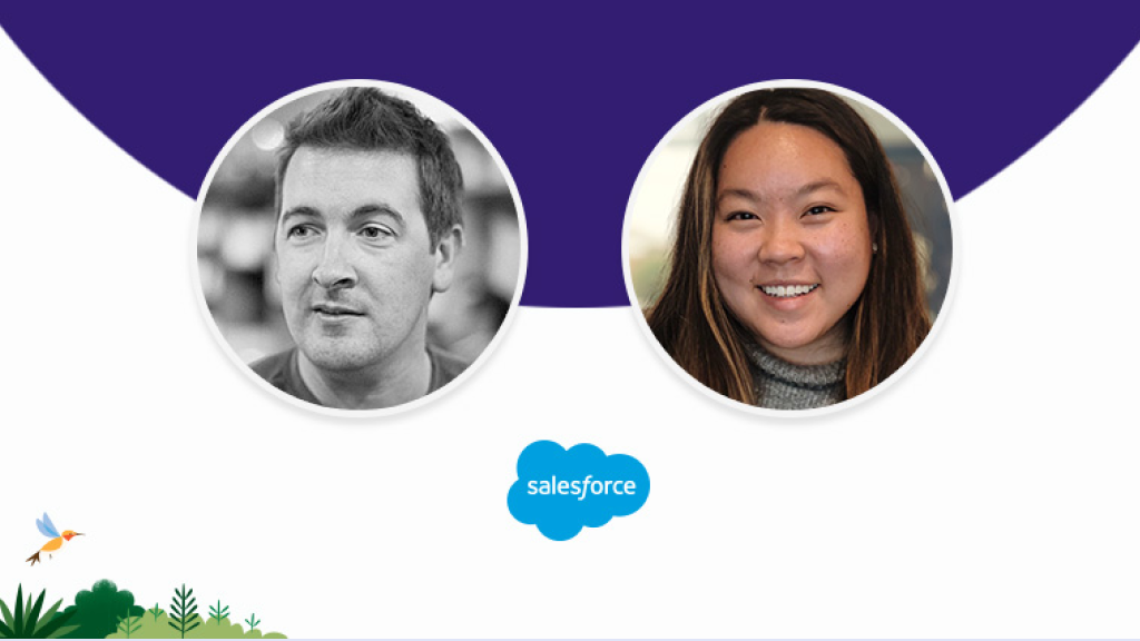 The Salesforce logo, and headshots of a man and a woman. 