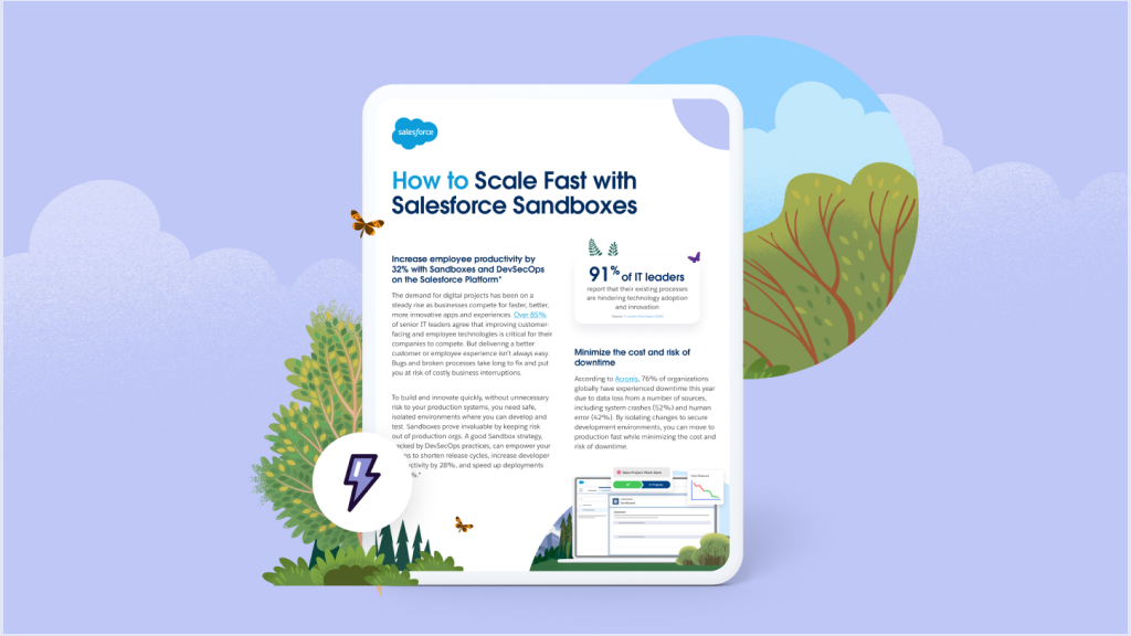 A tablet screen showing the brief titled How to Scale Fast with Salesforce Sandboxes.