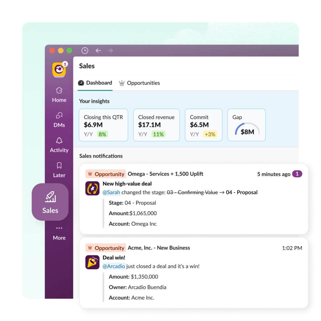 The Slack app shows the sales tab, sales dashboard with opportunity insights and reminders and stage change notifications.