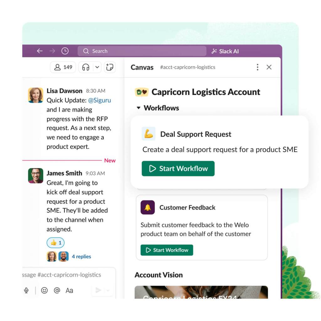 The Slack app displays conversations and an open canvas to start workflows to request deal support and customer feedback. 