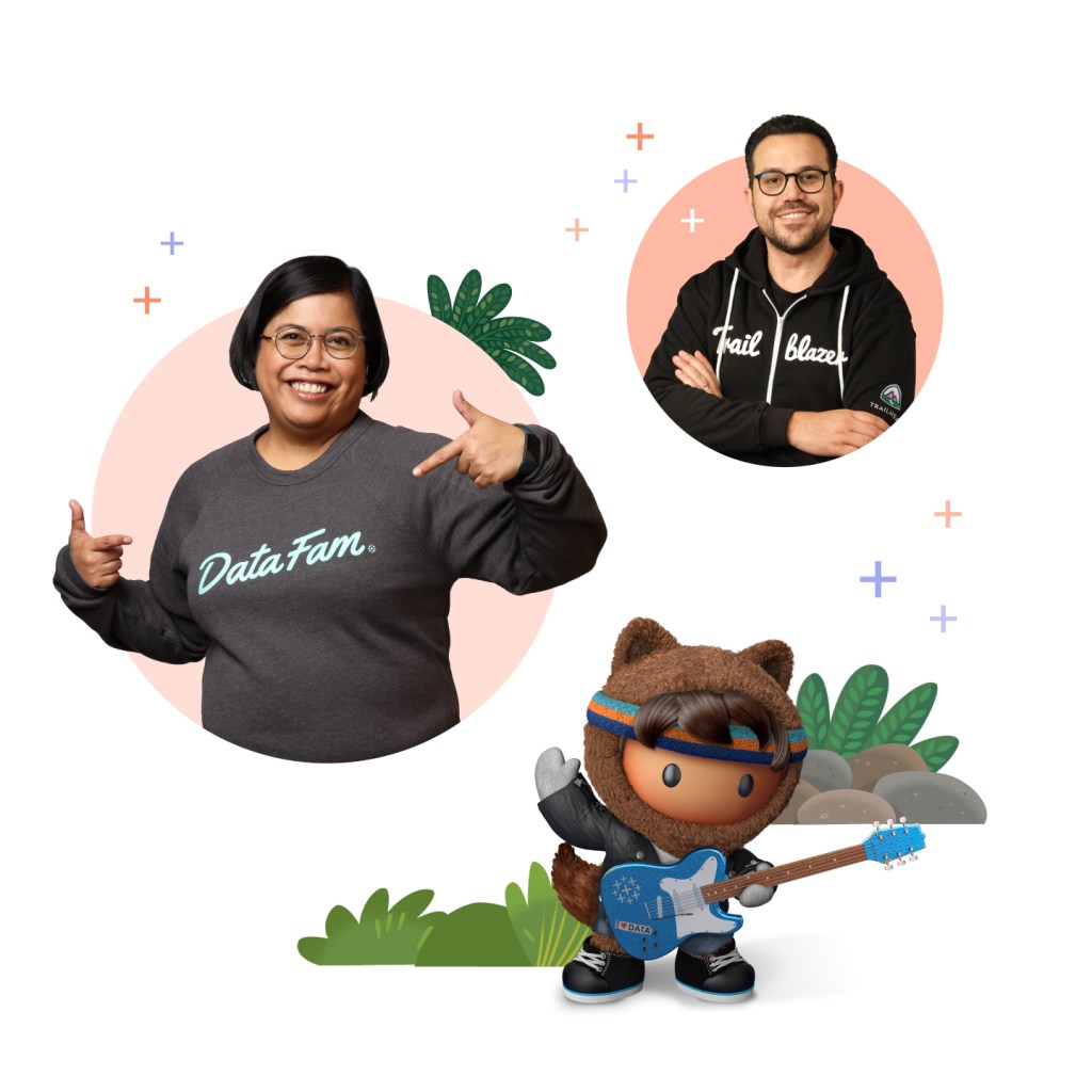 Two Tableau Community members wearing DataFam sweatshirts plus Data Rockstar Astro character