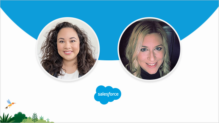 Headshots of two female speakers and Salesforce cloud