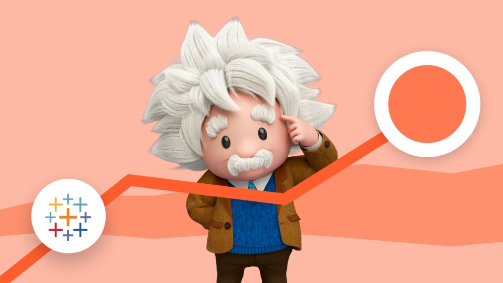 Einstein character scratching his head with Tableau sparkle icon and line graph up and to the right