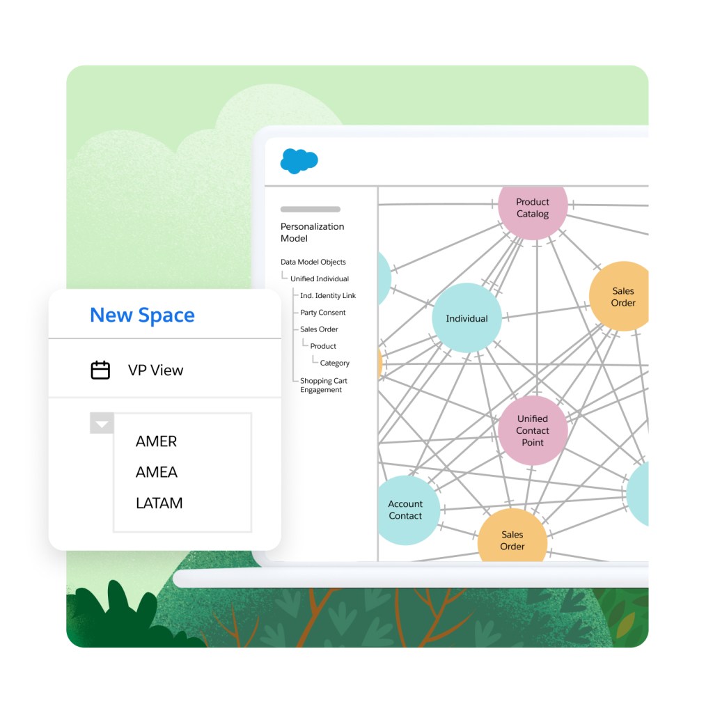 Salesforce CRM personalization model visualization with New Space: VP View selected