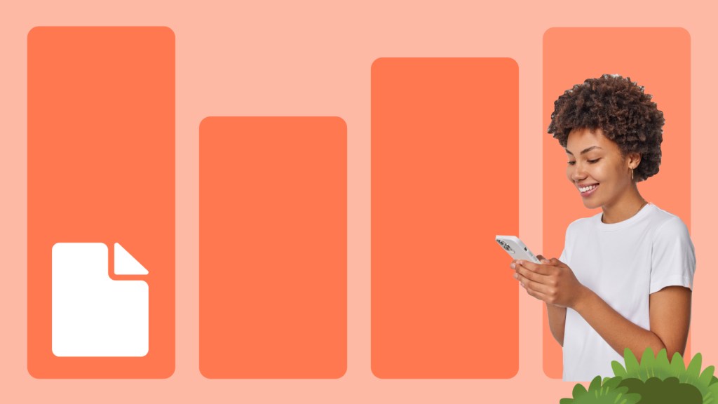 Orange bar chart with smiling person looking at mobile device