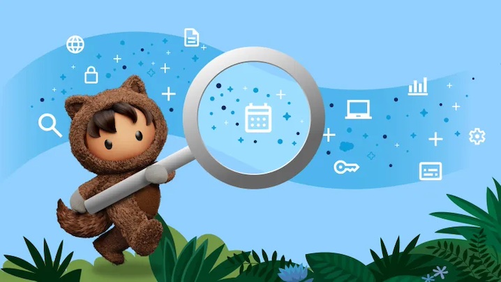 Illustration of Salesforce character Astro holding a magnifying glass over icons