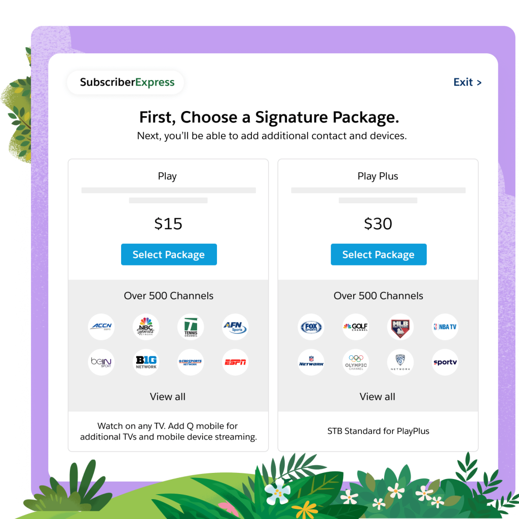 A side-by-side comparison of signature packages showing channel options and pricing.
