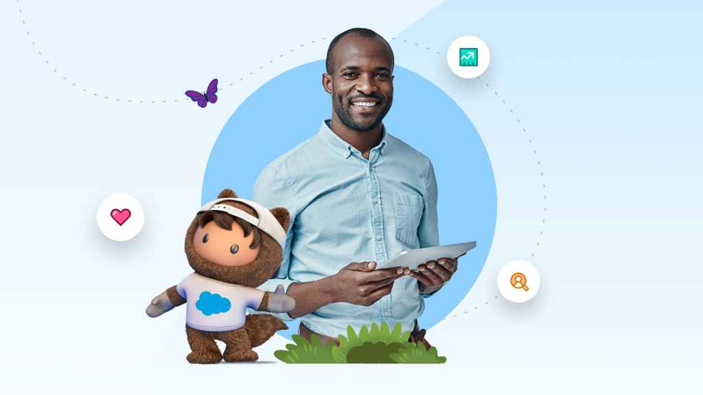 Salesforce character Astro beside a smiling customer holding a tablet.