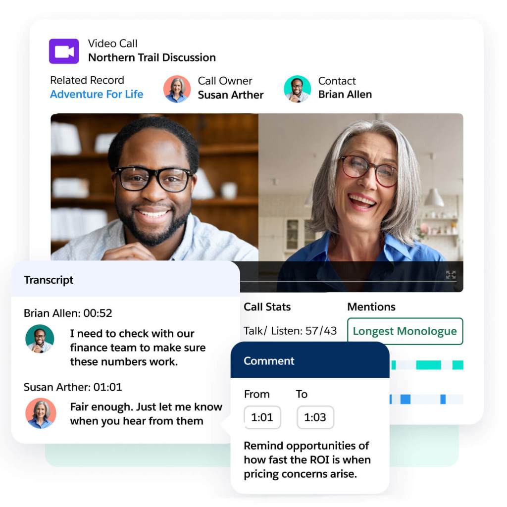 A window shows a recorded call, call info, transcript snippet with contectual highlights, and tagged conversation insights. 