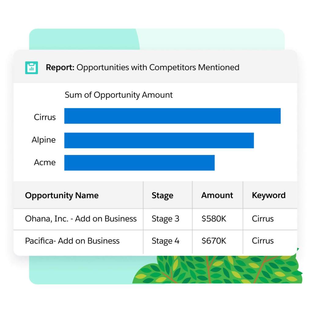 A report window shows opportunities and competitor mentions, sum of opportunity amount, name, stage, and keyword. 