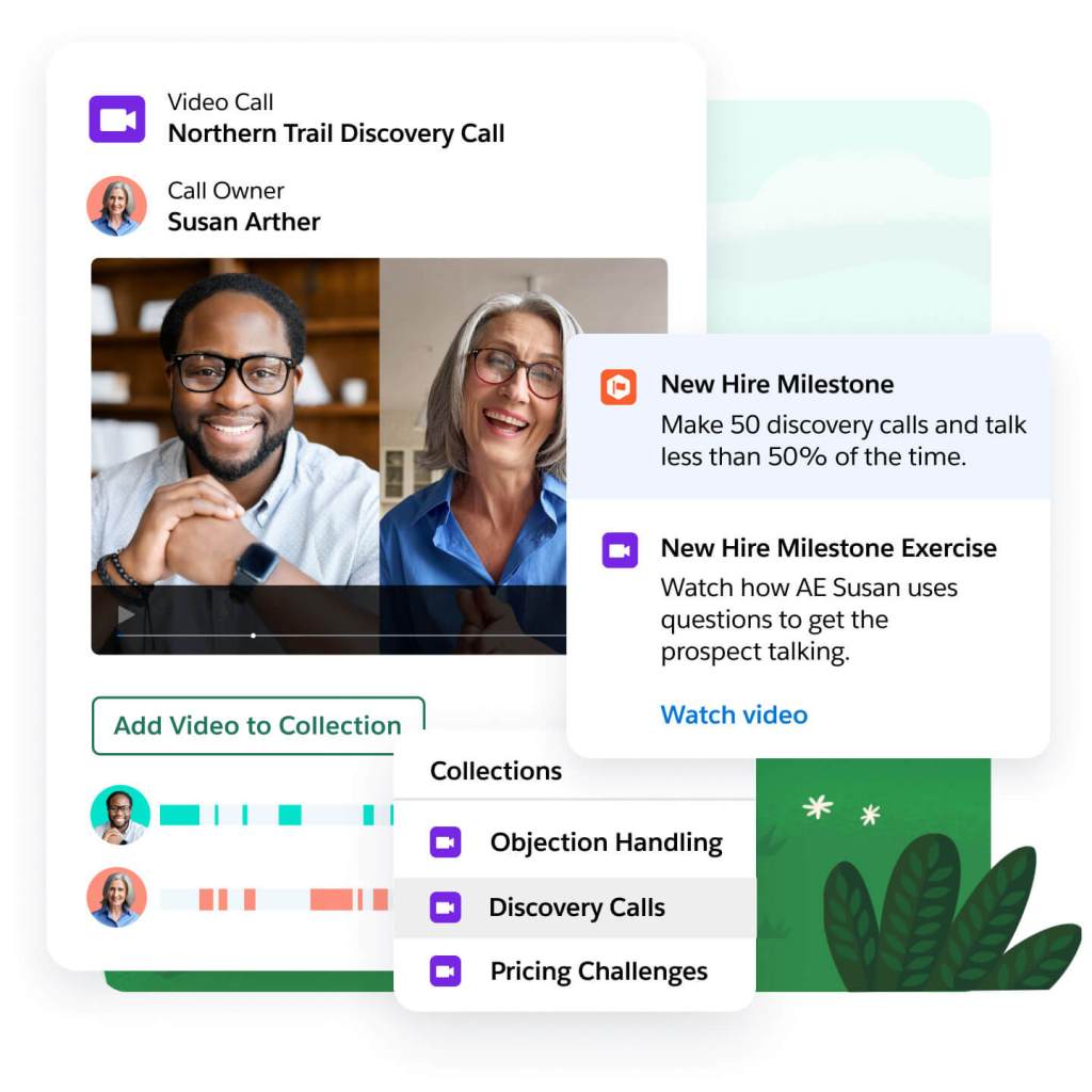 A window shows a video call, a button to add to a collection, call collection options, new hire milestones, and an exercise. 