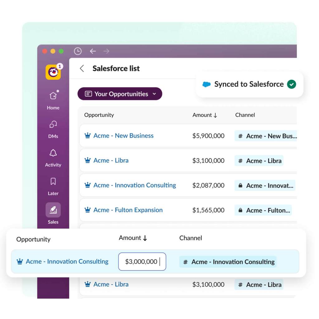 The Slack app displays the sales tab with a rep's opportunities and the ability to sort by amount all synced to Salesforce. 