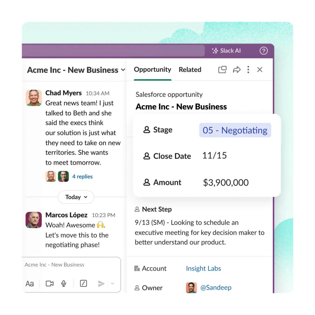 The Slack app displays conversations with windows for Salesforce opportunities with details, next steps, and account info. 