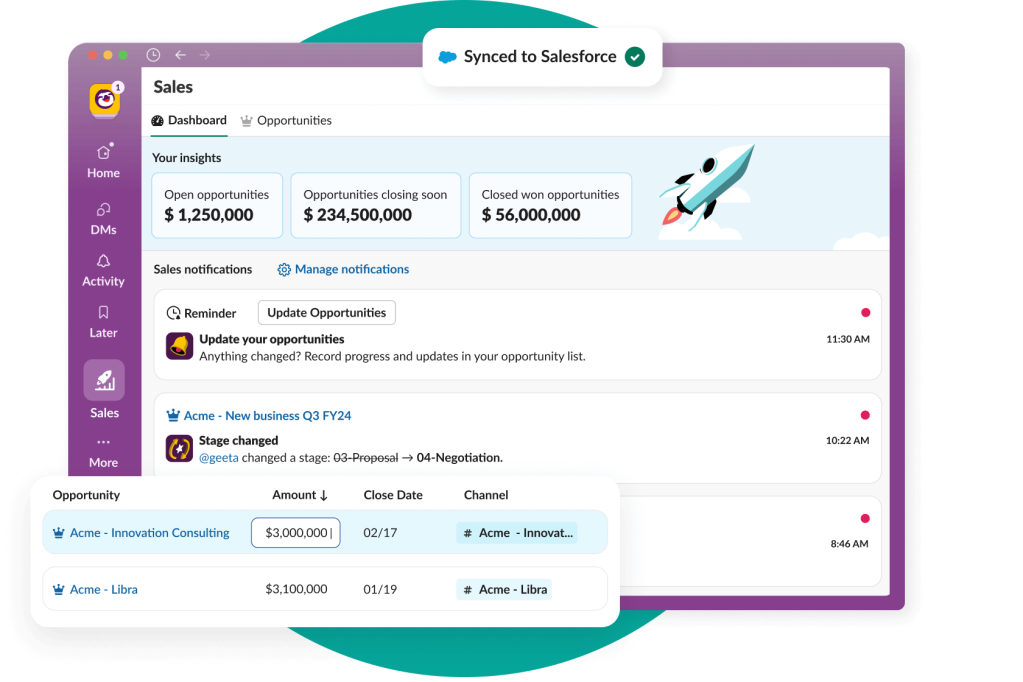 The Slack app is shown synced to Salesforce, with deal insights, sales notifications, deal updates, and opportunity details. 