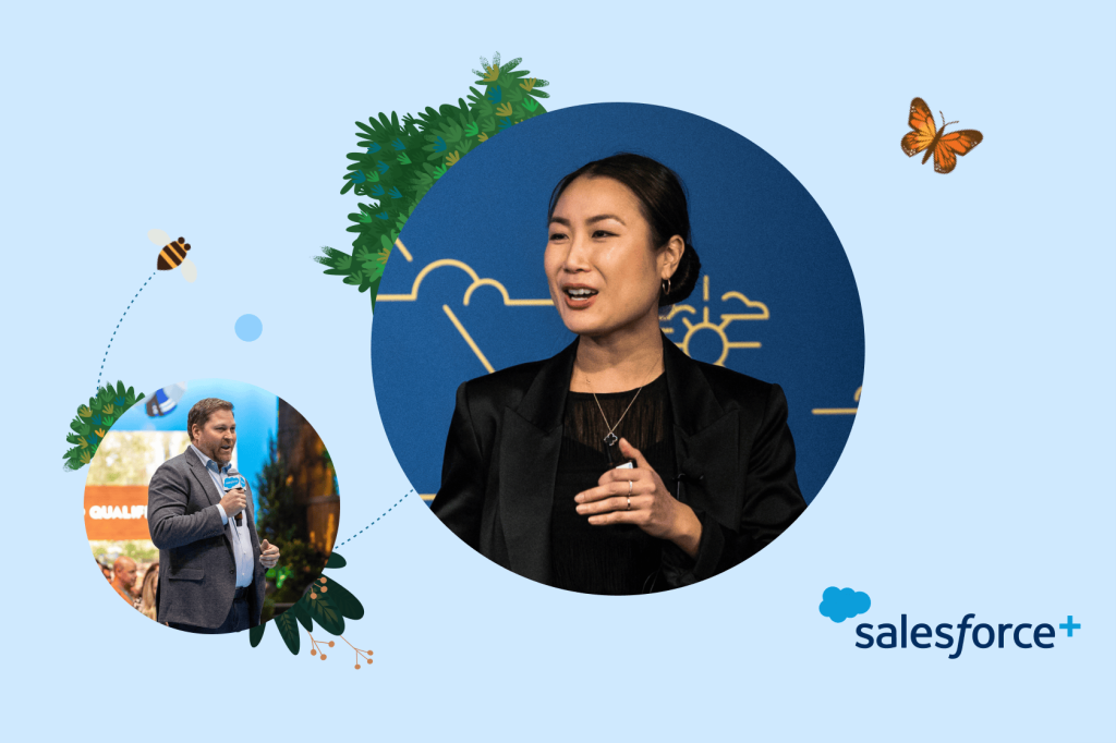 Two people speaking at Salesforce events alongside a Customer 360 wheel graphic and a Salesforce+ logo.