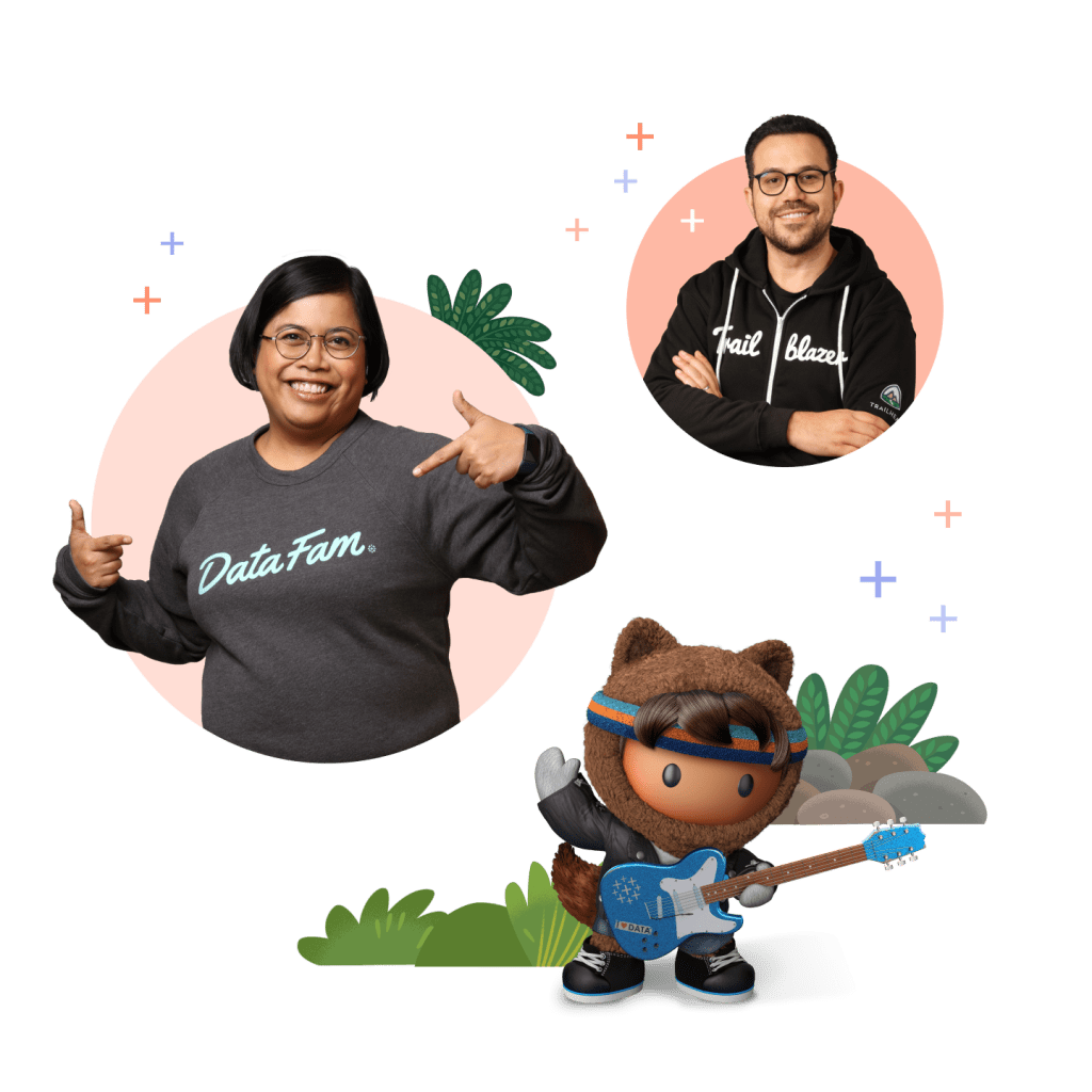Tableau Community members in DataFam sweatshirts and Data Rockstar Astro