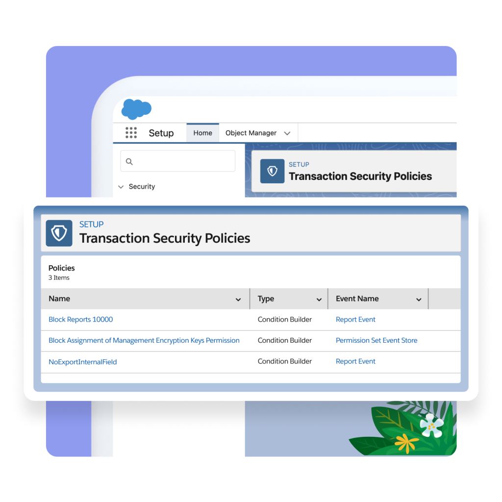 The Setup page open on a desktop computer, and a "Transaction Security Policies" window open. Bushes and flowers in the background. 