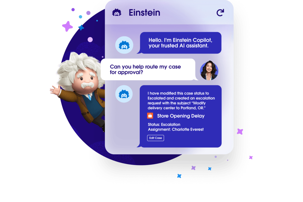 Salesforce character Einstein next to a screen demonstrating how a customer can use Einstein AI. 