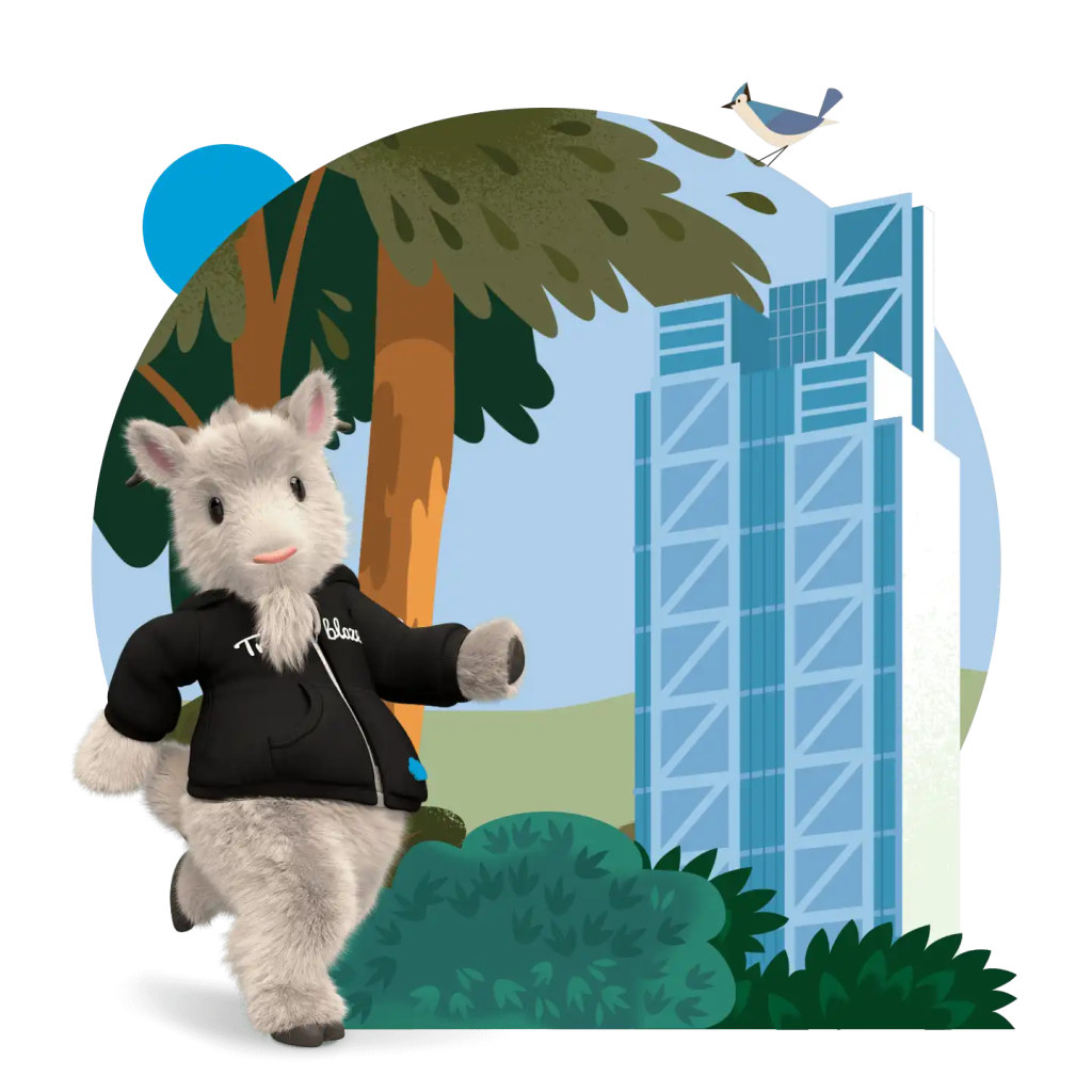 Cloudy, a Salesforce mascot strolls in front of the Salesforce London tower.