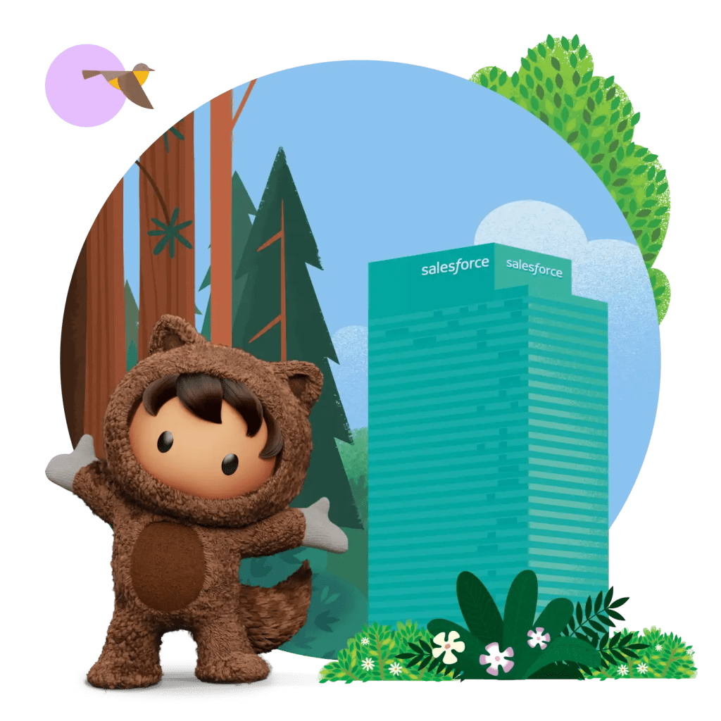 Astro, a Salesforce mascot in front the of Salesforce New York office tower.
