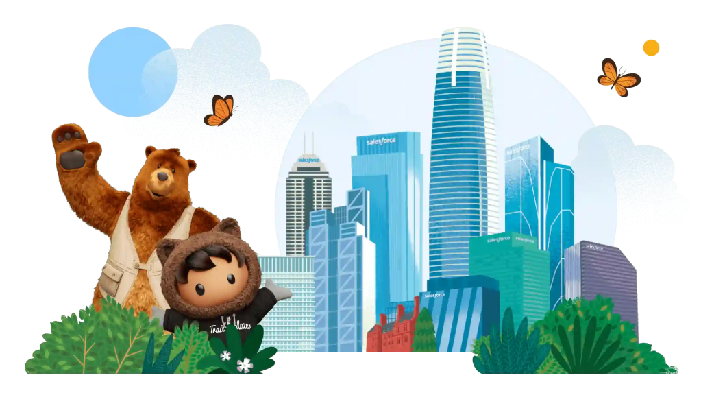 Salesforce characters waving in front of a city skyline